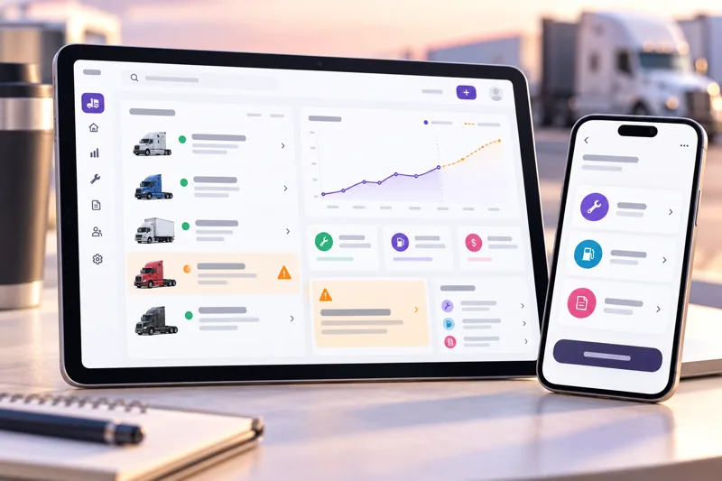Concept visualization of a fleet maintenance dashboard on a tablet, with truck health and an alert
