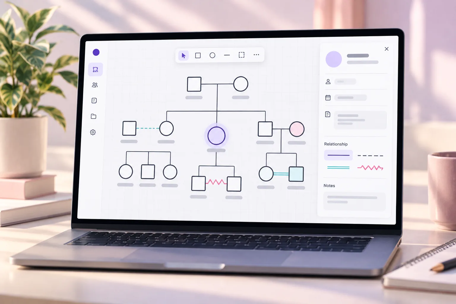 Concept visualization of a light genogram canvas on a laptop, mapping three generations of a family