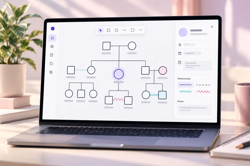 Concept visualization of a light genogram canvas on a laptop, mapping three generations of a family
