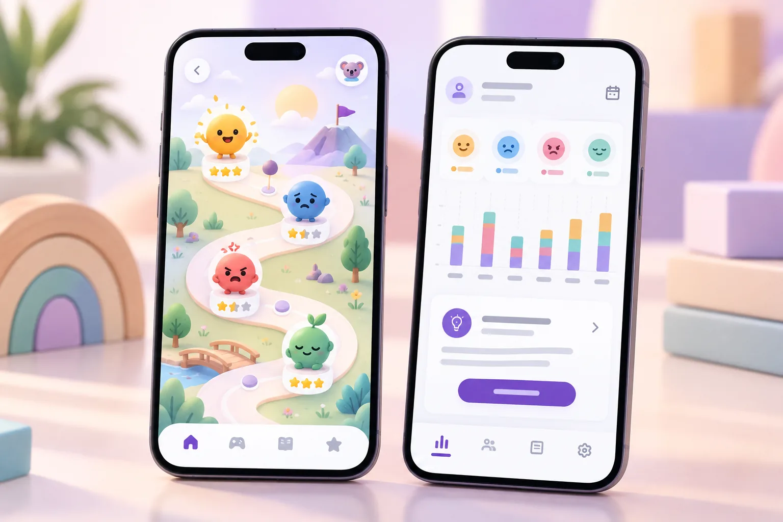Concept visualization of two phones: a playful emotions map for kids and a parent view with weekly moods