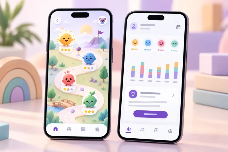 Visualización de concepto de dos teléfonos: un mapa de emociones para niños y una vista para padres con el ánimo de la semana