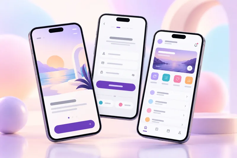 Tres teléfonos con las pantallas de una app móvil nueva en tonos pastel