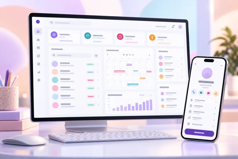 Monitor y teléfono con el dashboard de una web app en tonos pastel