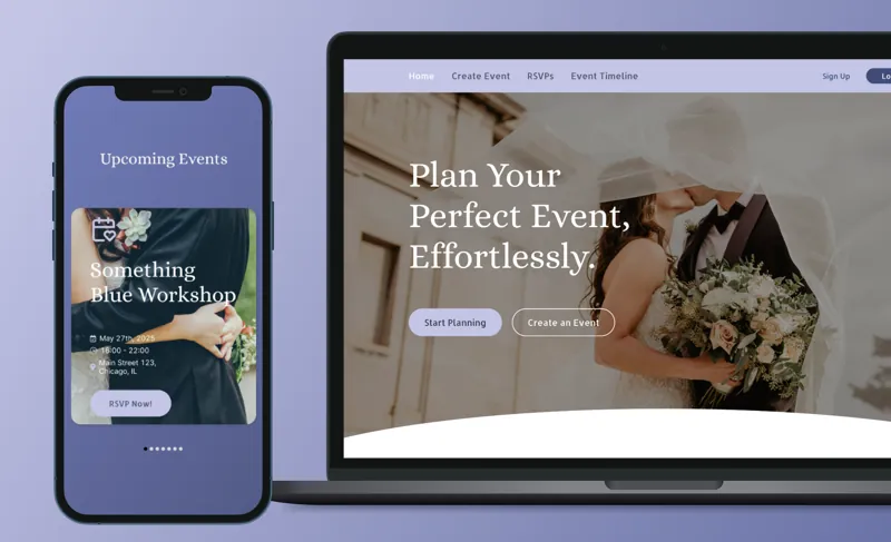 Pantallas de planeación de eventos de EventFlow en móvil y escritorio